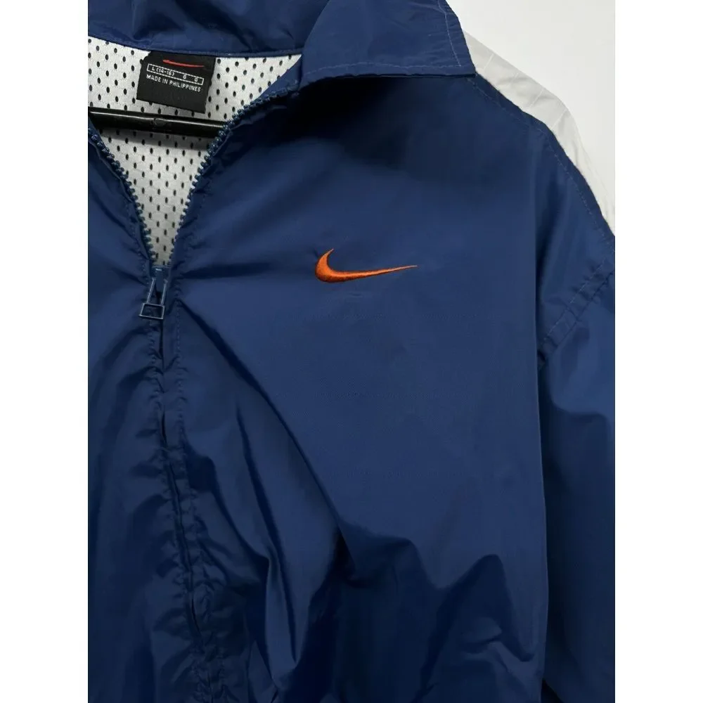 Nike Large Kids Windbreaker Jacket Blue White Full Zip Mesh Lined Swoosh‎ Logo